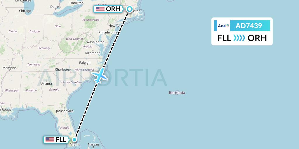 AD7439 Azul Brazilian Airlines Flight Map: Fort Lauderdale to Worcester