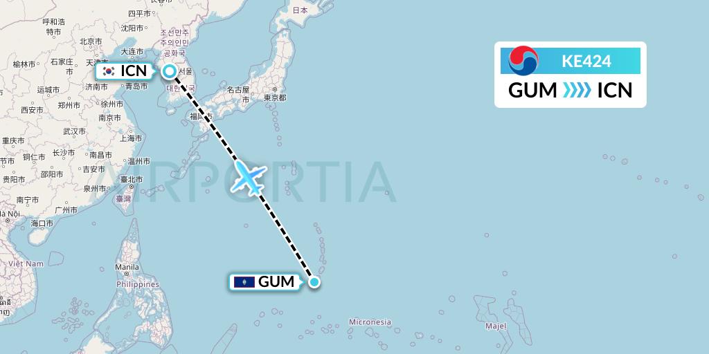 KE424 Korean Air Flight Map: Guam to Seoul