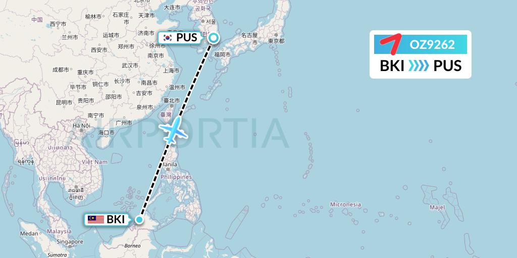OZ9262 Asiana Airlines Flight Map: Kota Kinabalu to Busan