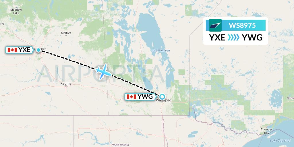 WS8975 WestJet Flight Map: Saskatoon to Winnipeg
