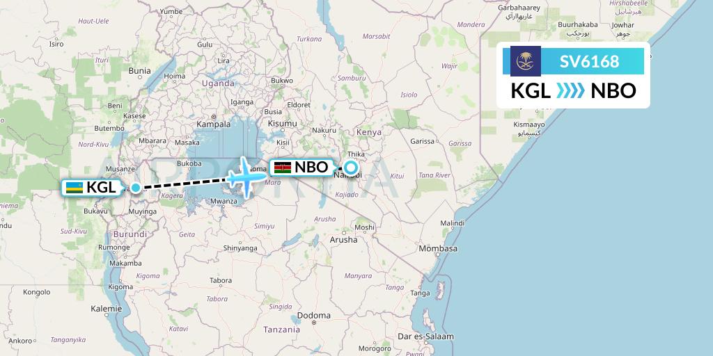 SV6168 Saudi Arabian Airlines Flight Map: Kigali to Nairobi