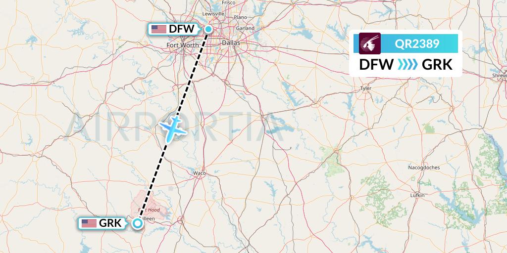 QR2389 Qatar Airways Flight Map: Dallas to Killeen