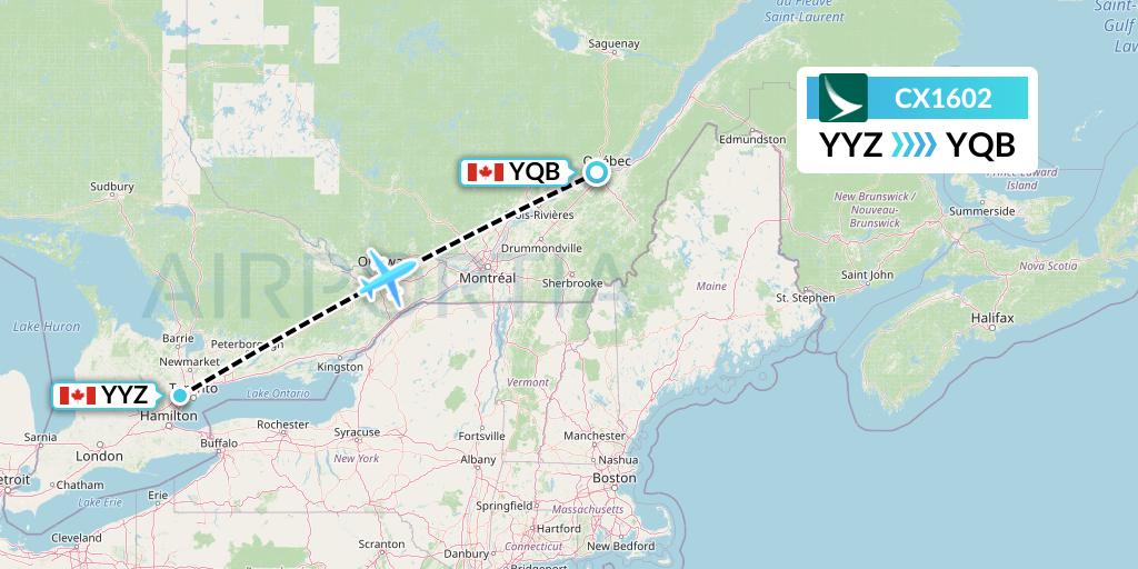 CX1602 Cathay Pacific Flight Map: Toronto to Quebec