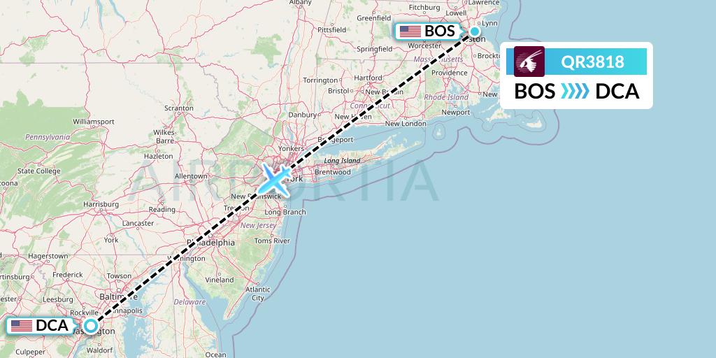 QR3818 Qatar Airways Flight Map: Boston to Washington