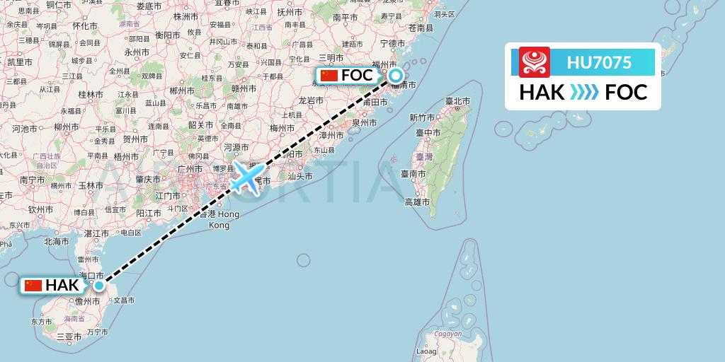 HU7075 Hainan Airlines Flight Map: Haikou to Fuzhou