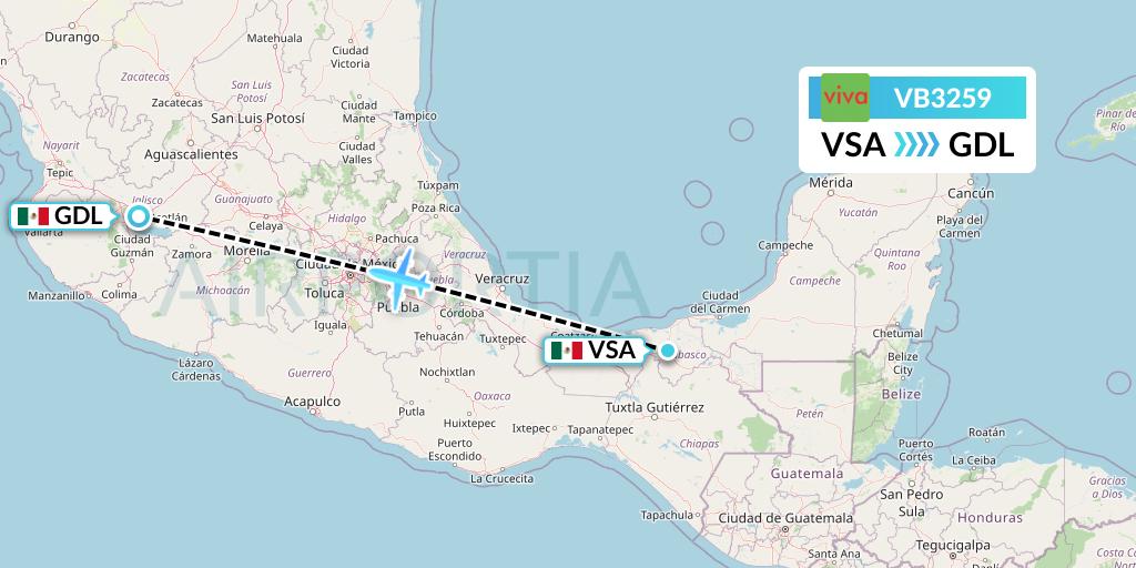 VB3259 VivaAerobus Flight Map: Villahermosa to Guadalajara
