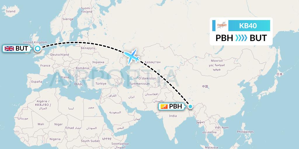 KB40 Druk Air Flight Map: Paro to Burtonwood