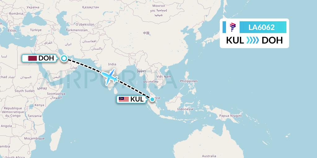 LA6062 LAN Airlines Flight Map: Kuala Lumpur to Doha