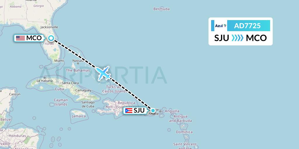 AD7725 Azul Brazilian Airlines Flight Map: San Juan to Orlando