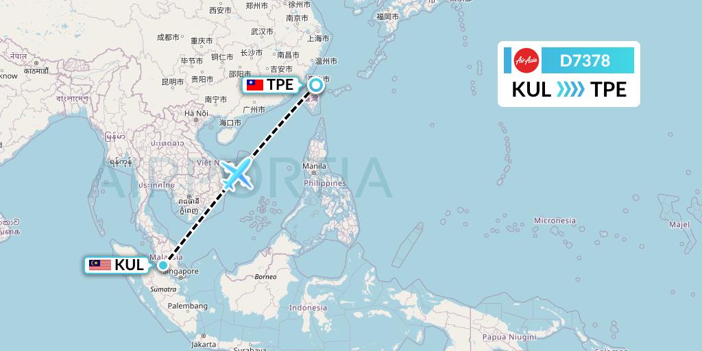 D7378 AirAsia X Flight Map: Kuala Lumpur to Taipei