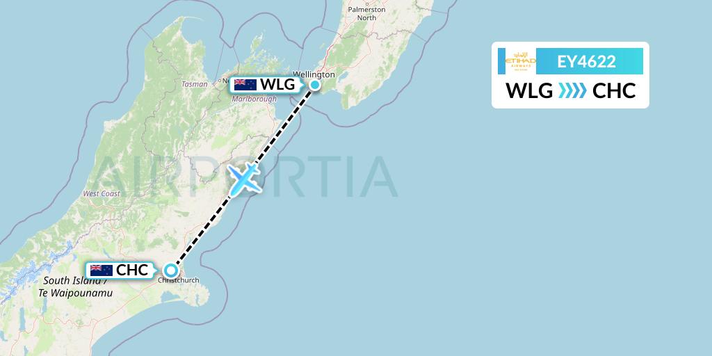 EY4622 Etihad Airways Flight Map: Wellington to Christchurch