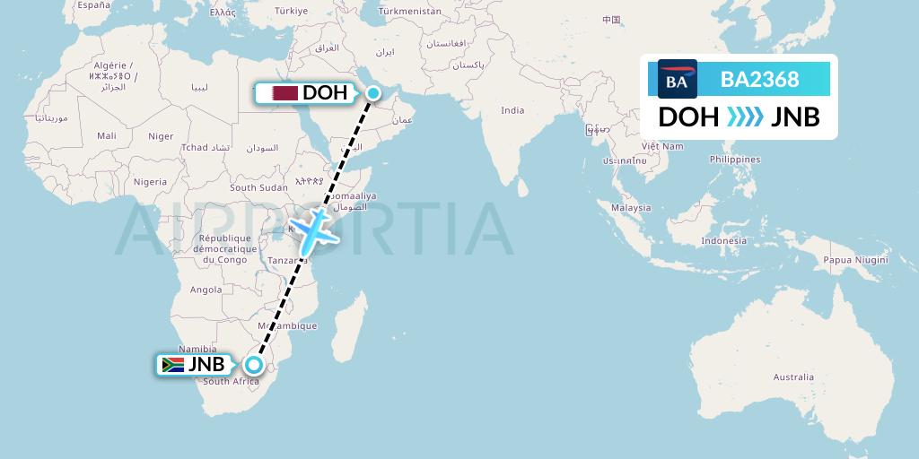 BA2368 British Airways Flight Map: Doha to Johannesburg