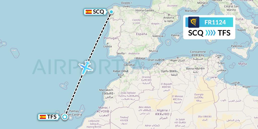 FR1124 Ryanair Flight Map: Santiago to Tenerife