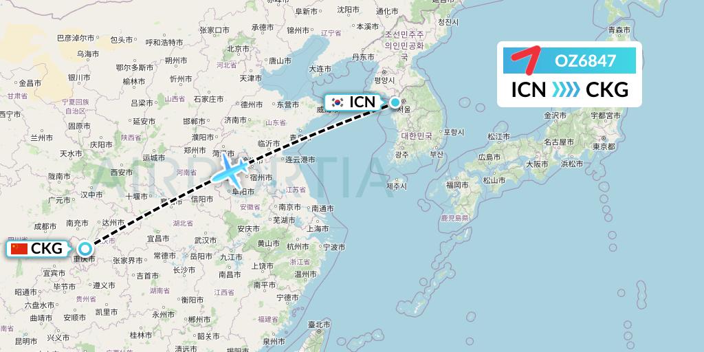OZ6847 Asiana Airlines Flight Map: Seoul to Chongqing