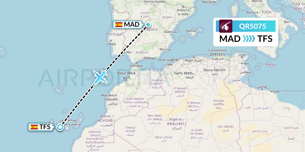 QR5075 Qatar Airways Flight Map: Madrid to Tenerife