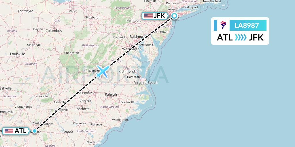 LA8987 LAN Airlines Flight Map: Atlanta to New York