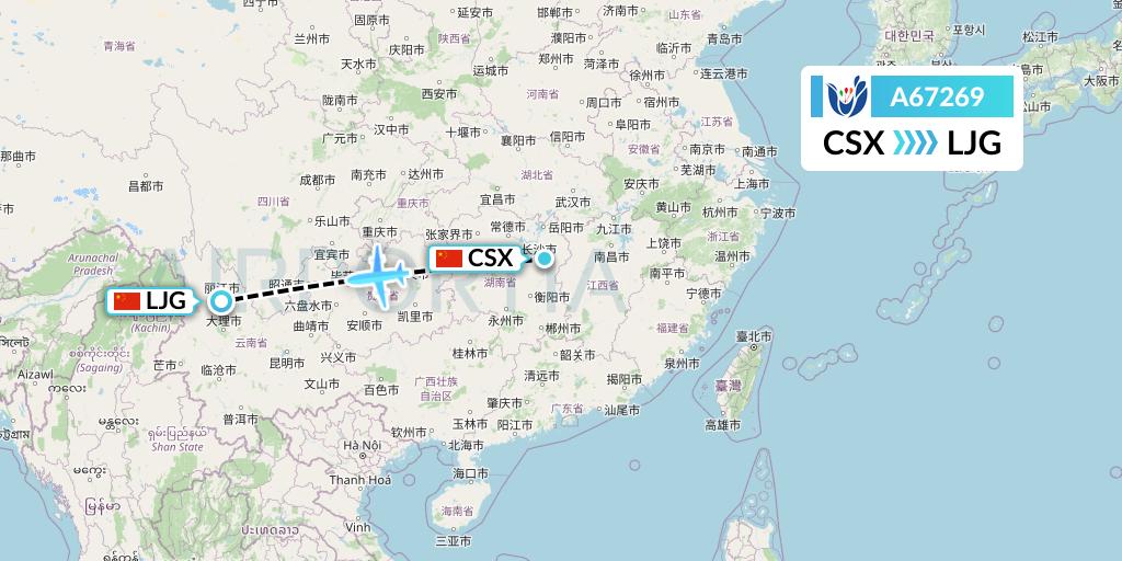 A67269 Hongtu Airlines Flight Map: Changsha to Lijiang