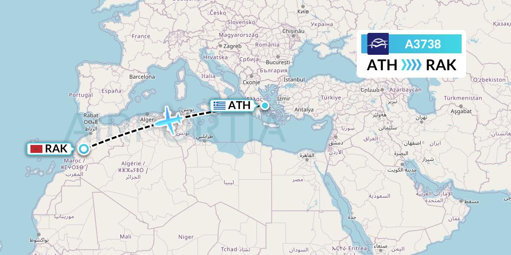 A3738 Aegean Airlines Flight Map: Athens to Marrakesh 