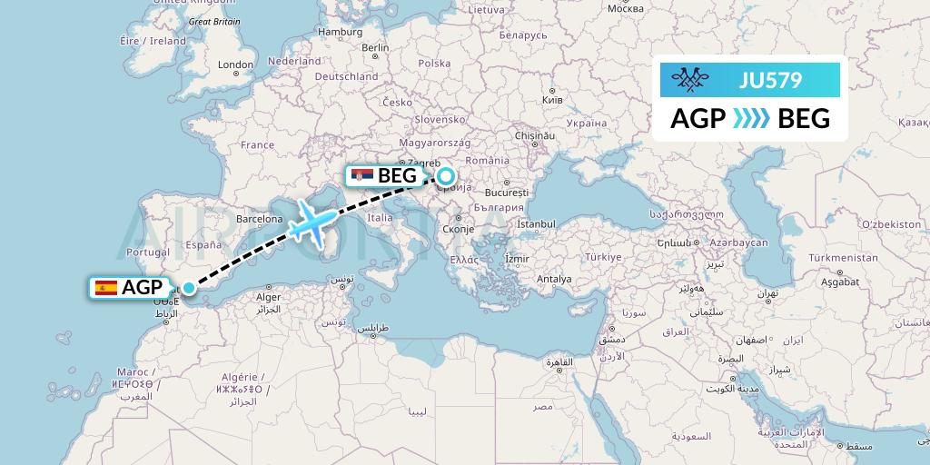JU579 AirSERBIA Flight Map: Malaga to Belgrade