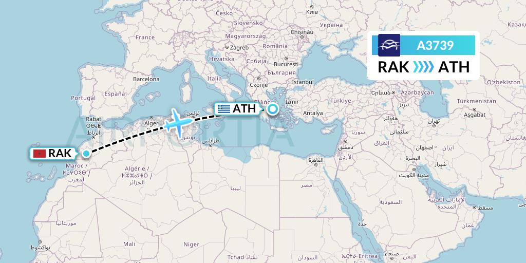 A3739 Aegean Airlines Flight Map: Marrakesh to Athens
