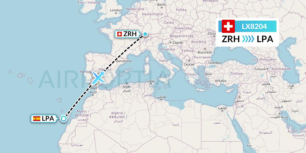 LX8204 Swiss Flight Map: Zurich to Las Palmas