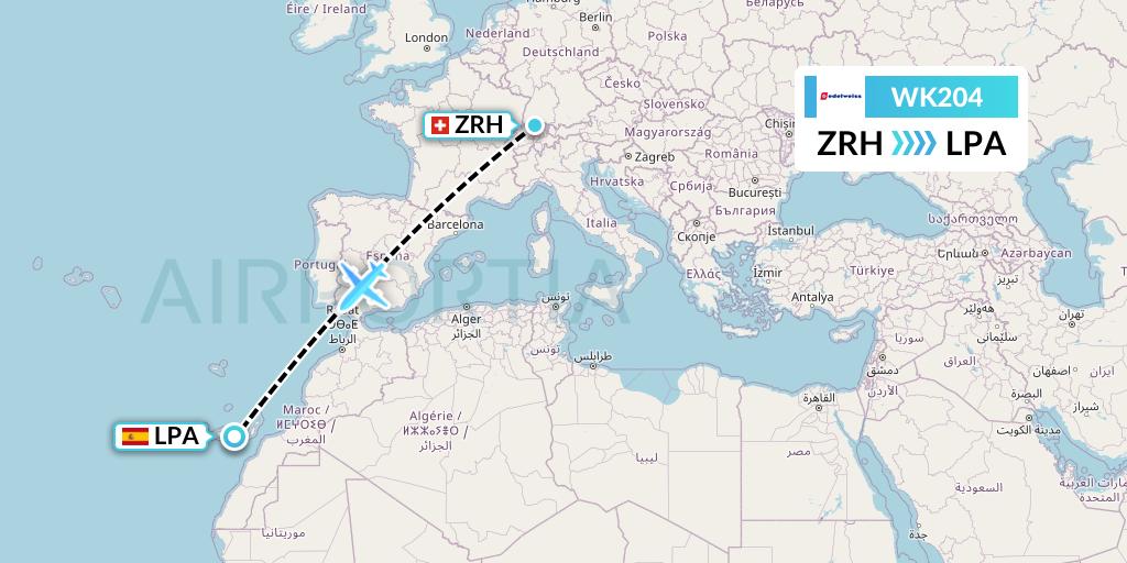 WK204 Edelweiss Air Flight Map: Zurich to Las Palmas