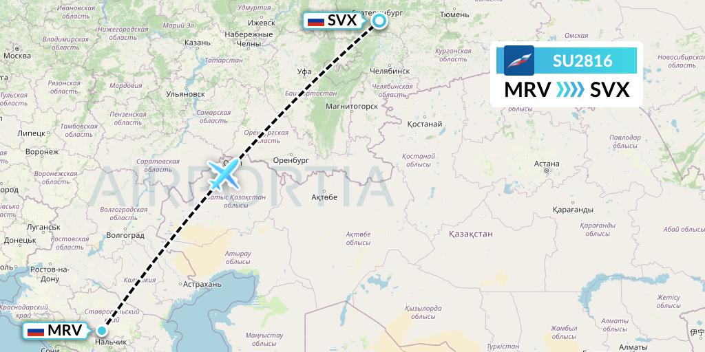 SU2816 Aeroflot Flight Map: Mineralnye Vody to Yekaterinburg