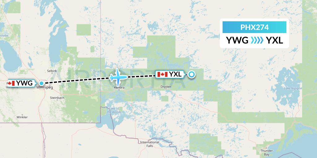 PHX274 SkyCare Flight Map: Winnipeg to Sioux Lookout