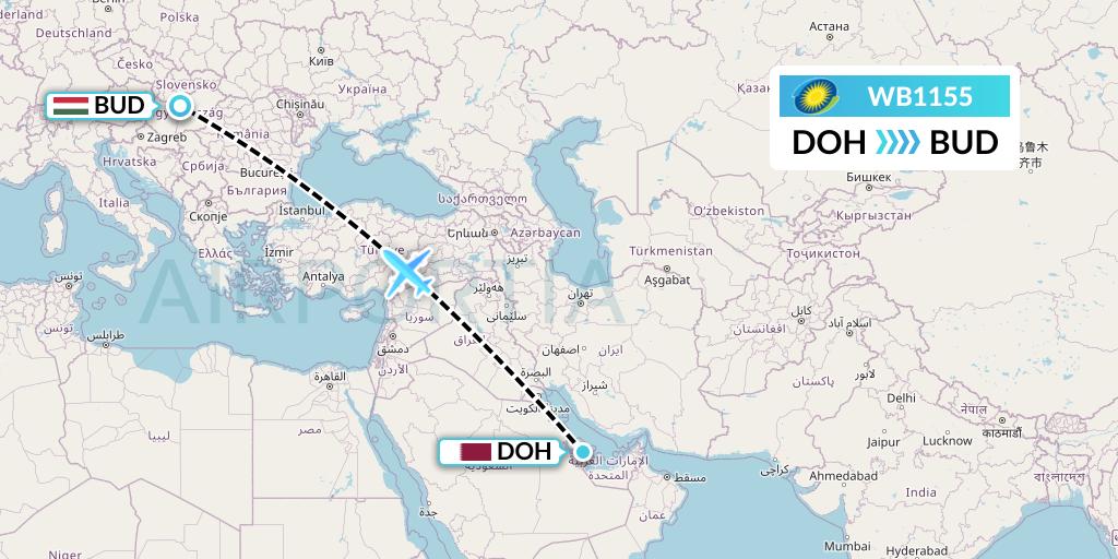 WB1155 RwandAir Flight Map: Doha to Budapest
