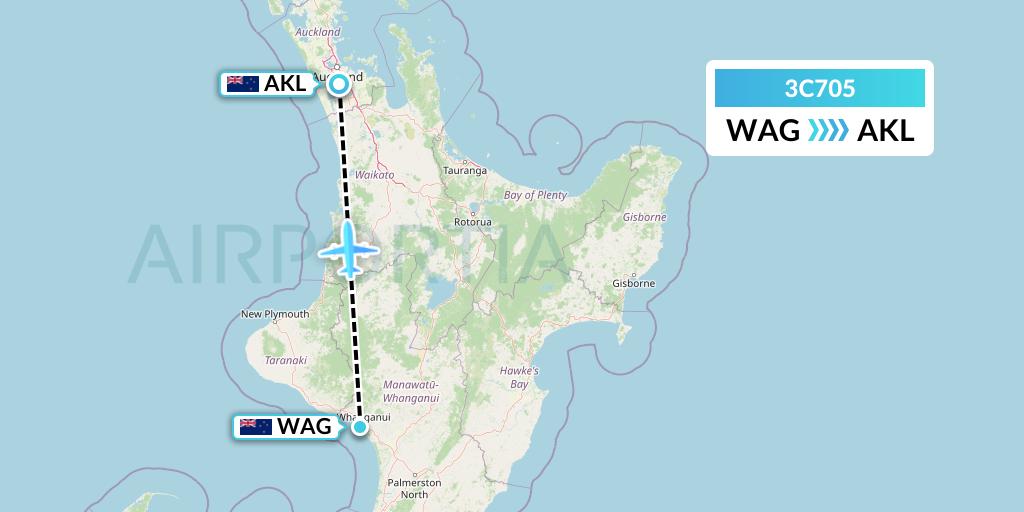 3C705 Air Chathams Flight Map: Wanganui to Auckland