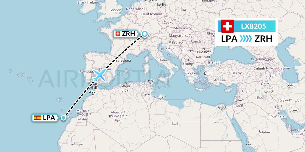 LX8205 Swiss Flight Map: Las Palmas to Zurich