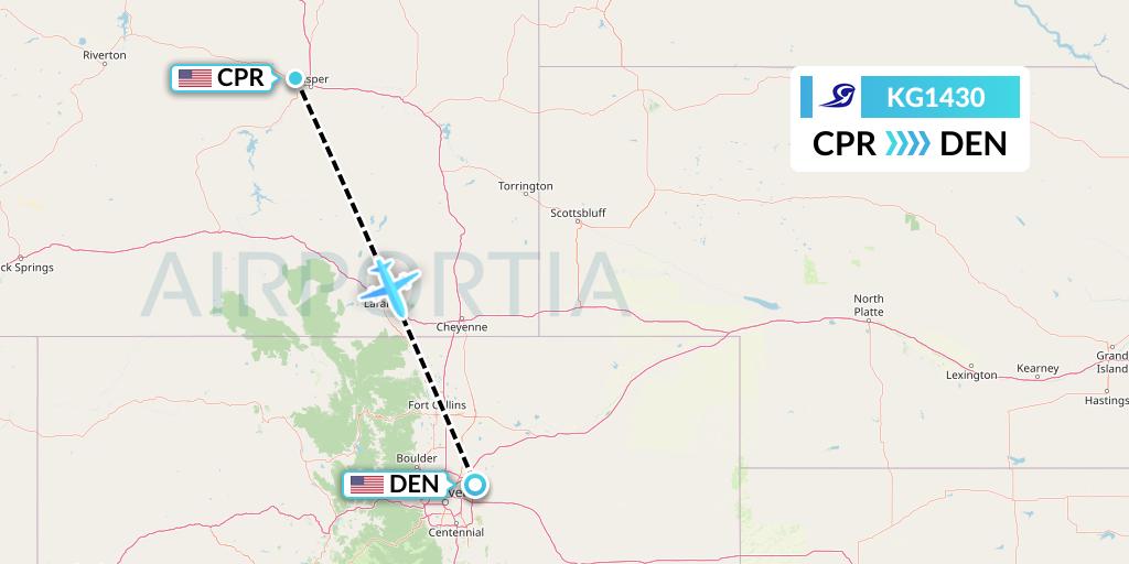 KG1430 Key Lime Air Flight Map: Casper to Denver