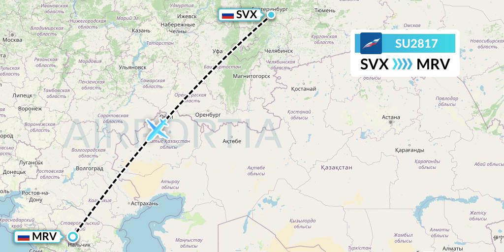 SU2817 Aeroflot Flight Map: Yekaterinburg to Mineralnye Vody