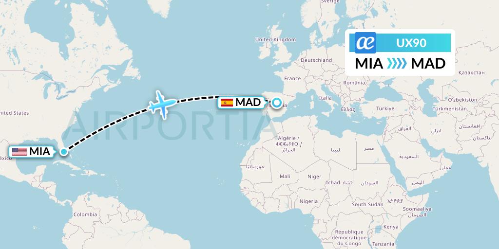 UX90 Air Europa Flight Map: Miami to Madrid
