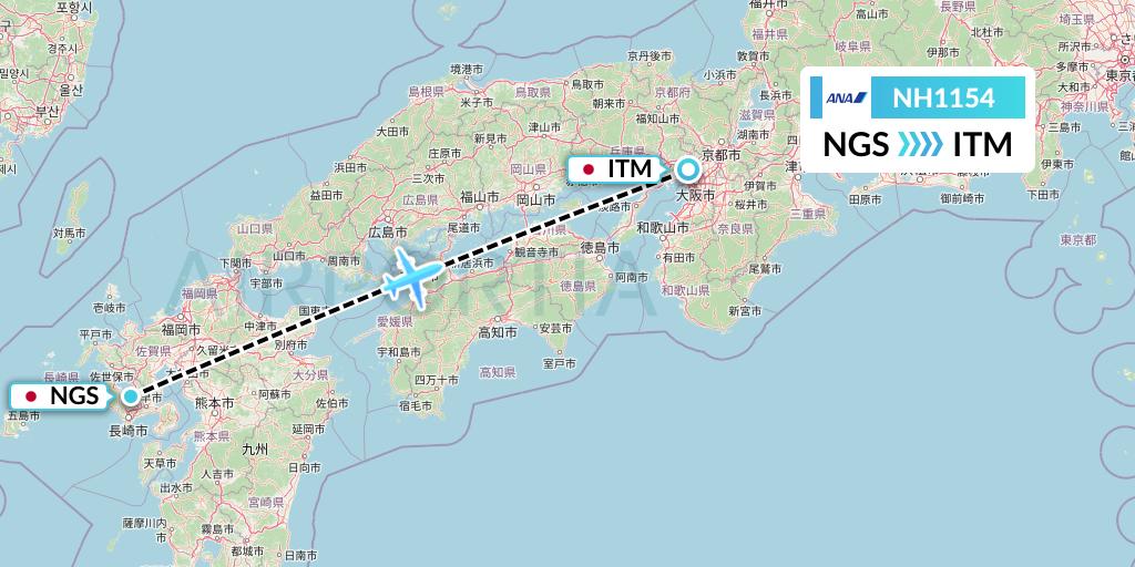 NH1154 All Nippon Airways Flight Map: Nagasaki to Osaka