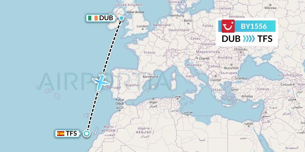 BY1556 TUI Airways Flight Map: Dublin to Tenerife