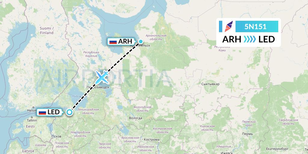 5N151 Nordavia Flight Map: Arkhangelsk to St. Petersburg
