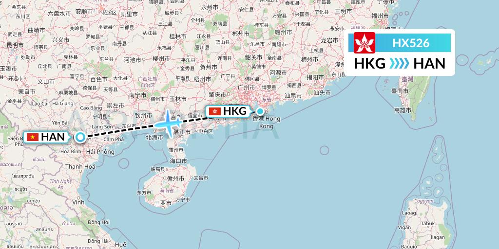 HX526 Hong Kong Airlines Flight Map: Hong Kong to Hanoi