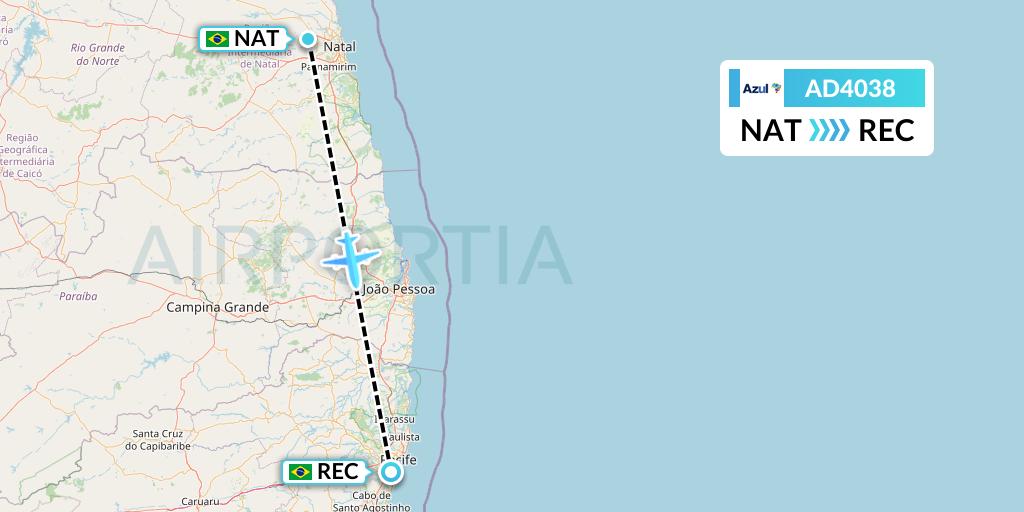 AD4038 Azul Brazilian Airlines Flight Map: Natal to Recife