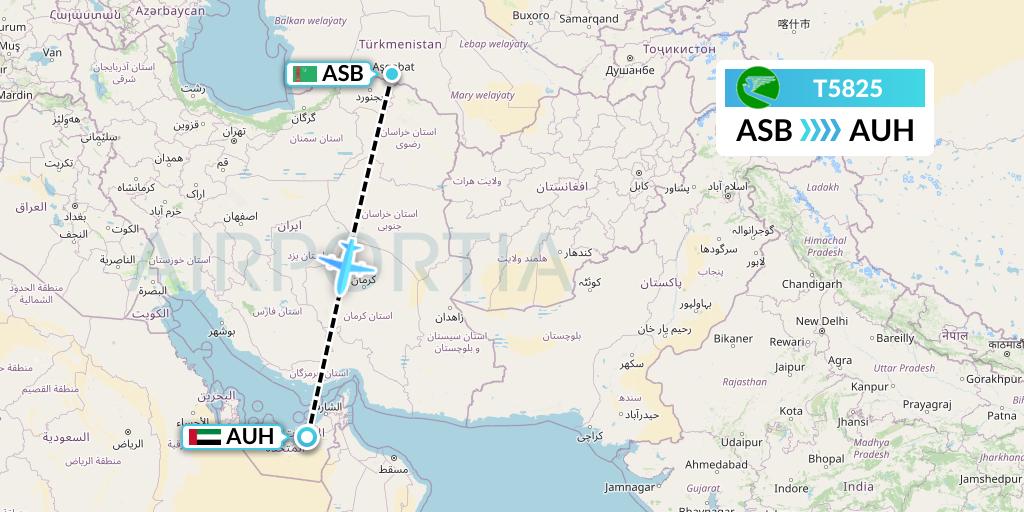 T5825 Turkmenistan Airlines Flight Map: Ashgabat to Abu Dhabi