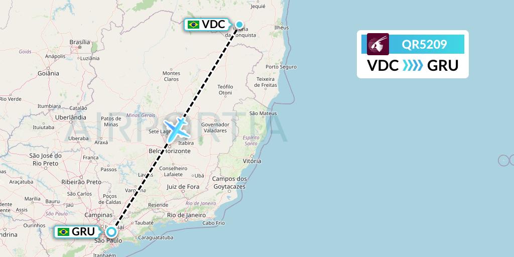 QR5209 Qatar Airways Flight Map: Vitoria Da Conquista to Sao Paulo