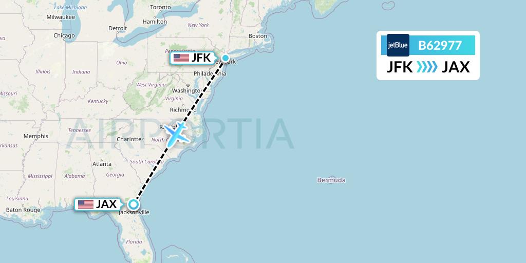 B62977 JetBlue Airways Flight Map: New York to Jacksonville