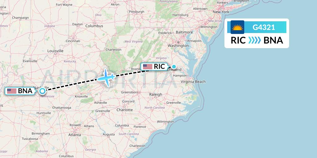 G4321 Allegiant Air Flight Map: Richmond to Nashville