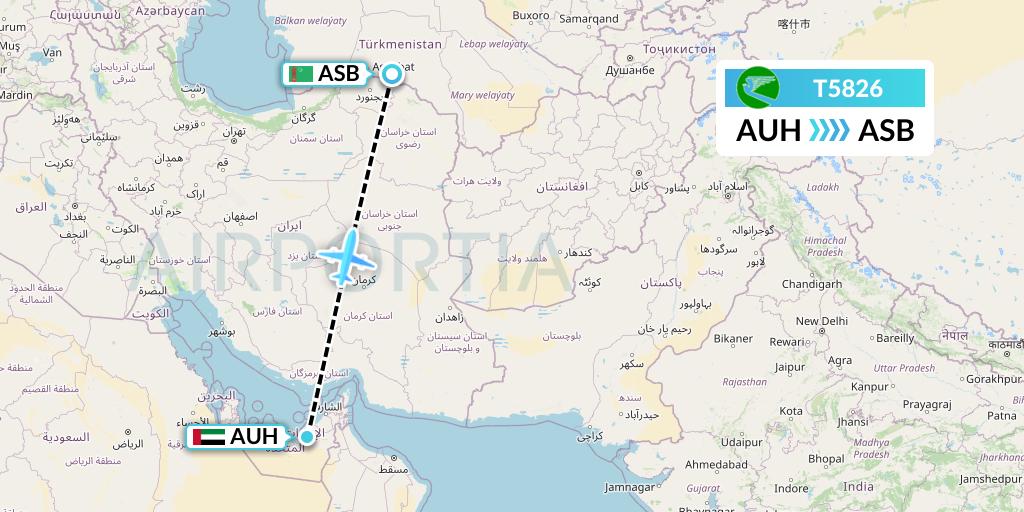 T5826 Turkmenistan Airlines Flight Map: Abu Dhabi to Ashgabat