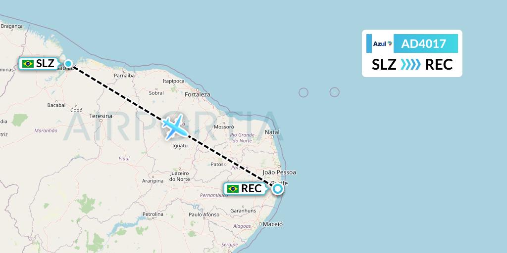 AD4017 Azul Brazilian Airlines Flight Map: Sao Luis to Recife
