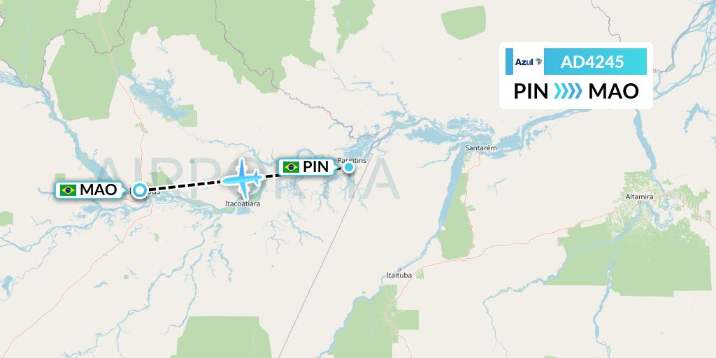 AD4245 Azul Brazilian Airlines Flight Map: Parintins to Manaus