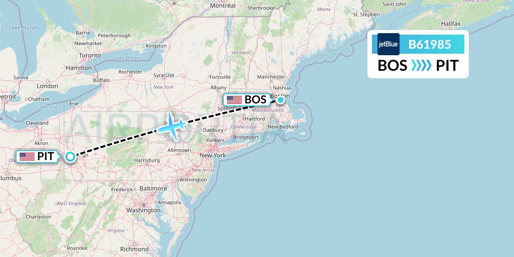 B61985 JetBlue Airways Flight Map: Boston to Pittsburgh
