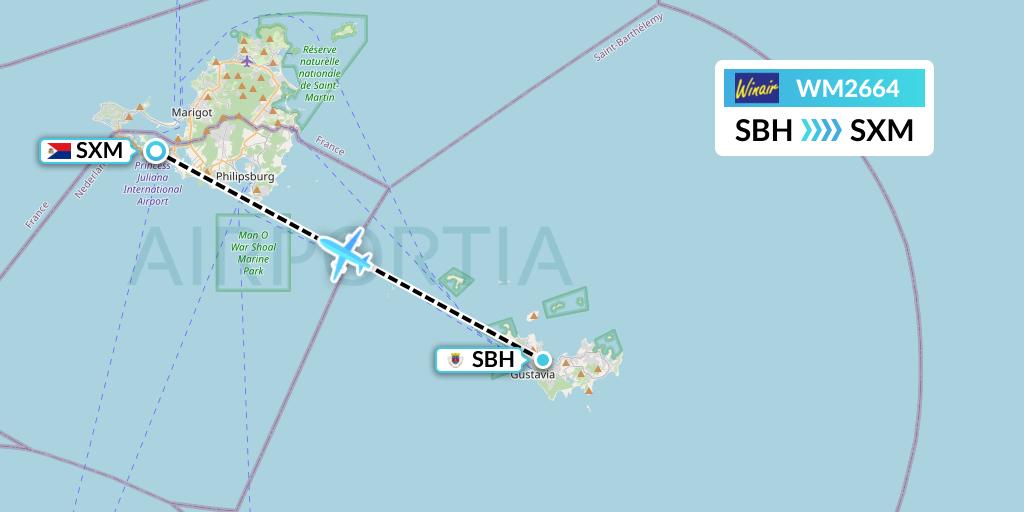 WM2664 Winair Flight Map: St. Jean to Sint Maarten