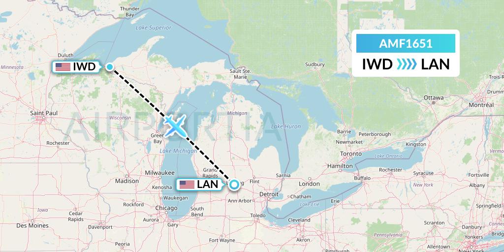AMF1651 Ameriflight Flight Map: Ironwood to Lansing