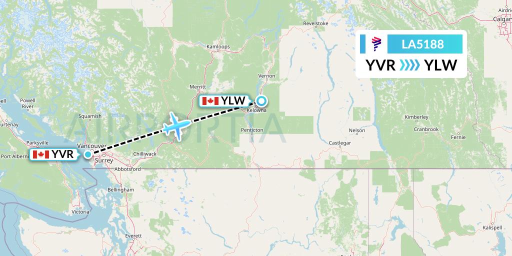 LA5188 LAN Airlines Flight Map: Vancouver to Kelowna